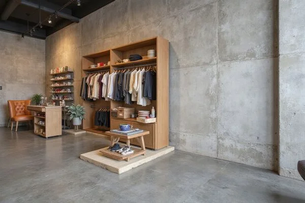Boutique retail shop on South Congress Austin with water-based dye stained concrete floor in warm gray tone