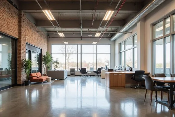 Light-reflective polished concrete floor in a modern Austin office building with open-plan layout
