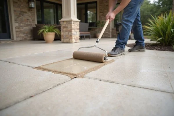 Penetrating sealer applied to a freshly cleaned Austin concrete patio