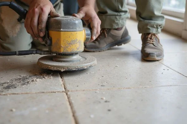 Planetary grinder with HEPA dust containment stripping old tile mastic from retail tenant improvement slab in Austin
