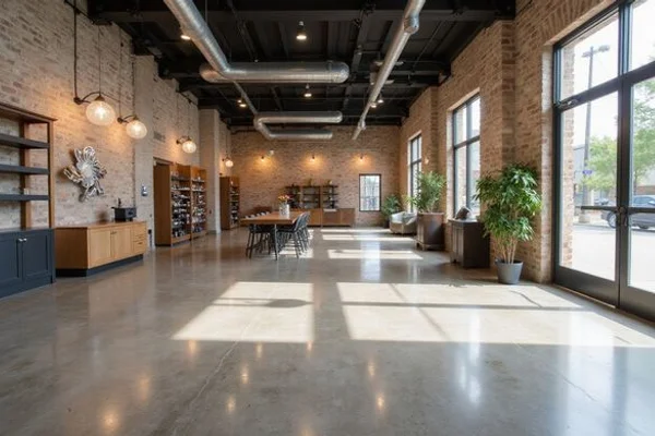 High-gloss polished concrete showroom floor at a Domain-area Austin retail store