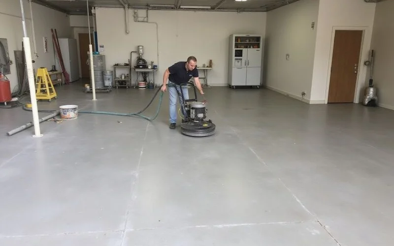 Jason Laxson diamond grinding a commercial concrete slab in Austin TX with HEPA dust containment before epoxy coating