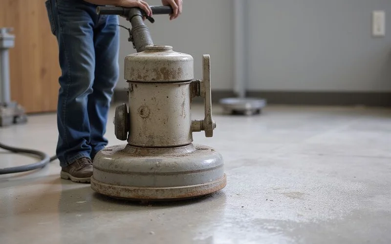 PCD planetary grinder removing carpet adhesive and VCT glue from a commercial slab in Austin TX