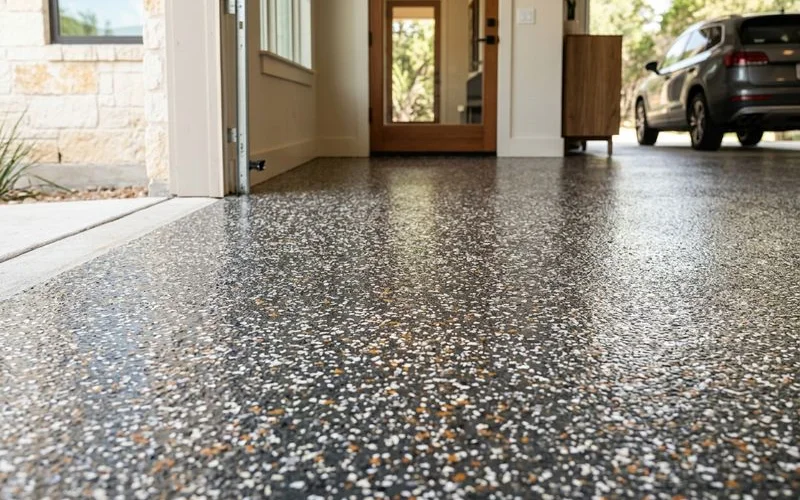 Same slab after repair, grinding, and flake epoxy install