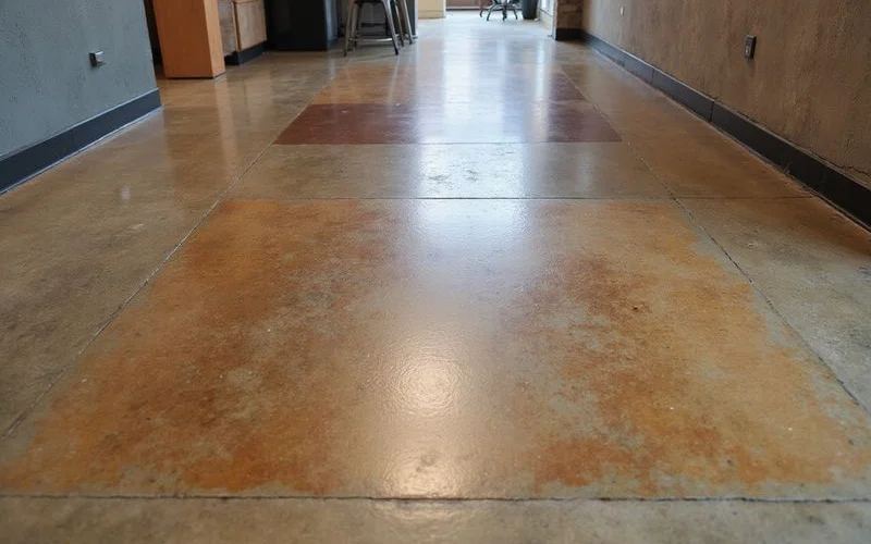 Acid-stained commercial concrete floor in Austin showing natural color variation and sealed surface for daily traffic