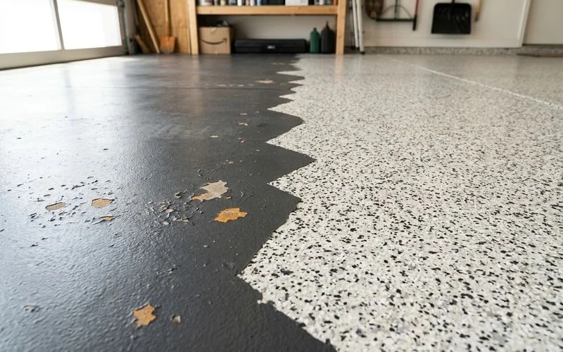 Worn DIY epoxy vs. intact professional flake coating