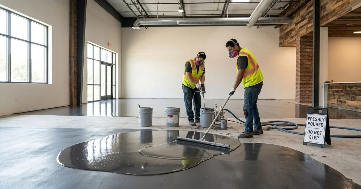 Commercial epoxy install in progress during an overnight pour