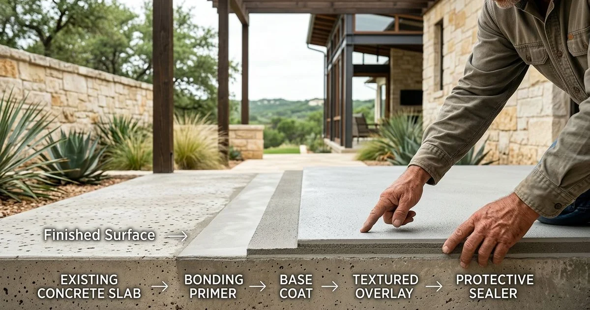 Concrete resurfacing overlay depth layers