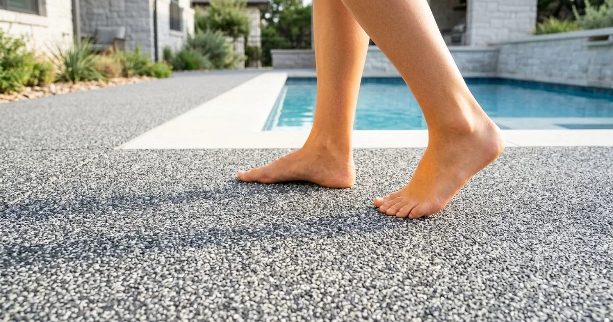 Cool-deck spray texture pool deck staying barefoot-friendly in Texas sun