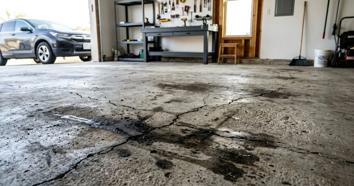 Cracked, oil-stained garage slab before crack repair and epoxy install