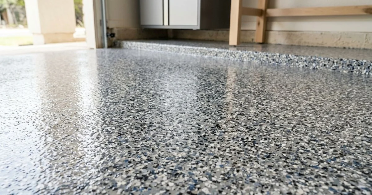Detailed flake-epoxy garage floor with custom color blend