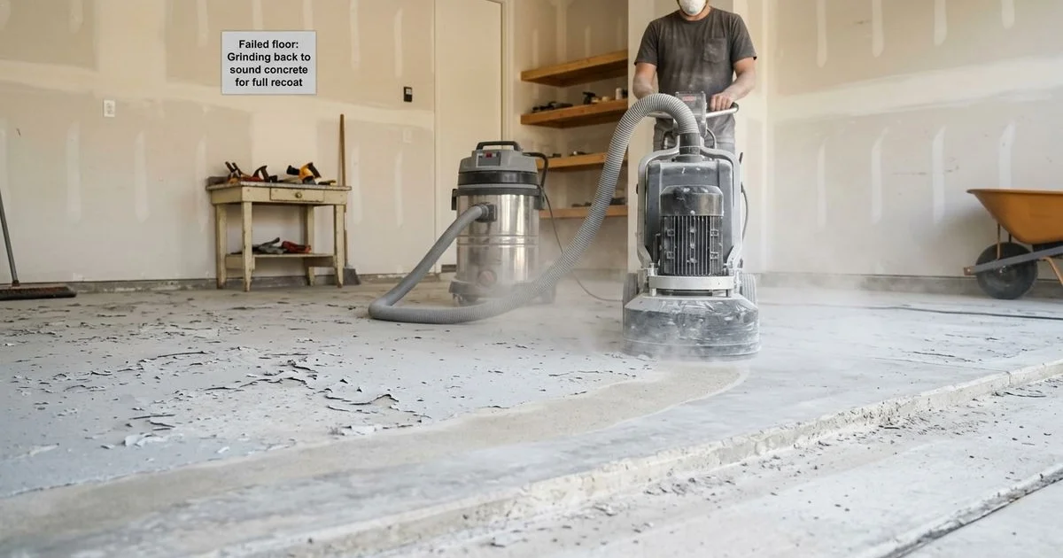 Failed epoxy ground back to sound concrete