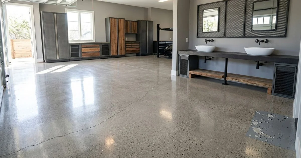 Restored West Lake Hills garage floor — failed DIY epoxy ground out and polished