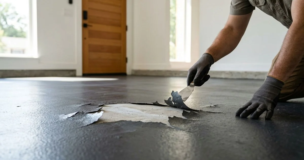 Hot-tire pickup damage on a failed garage epoxy floor