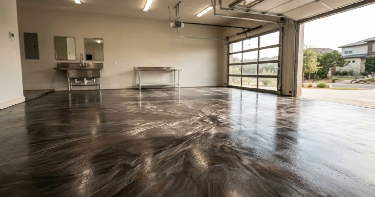 Metallic epoxy floor in a luxury garage with overhead lighting