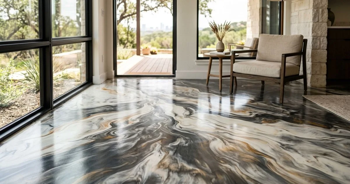 Metallic epoxy floor with marble lava swirl effect