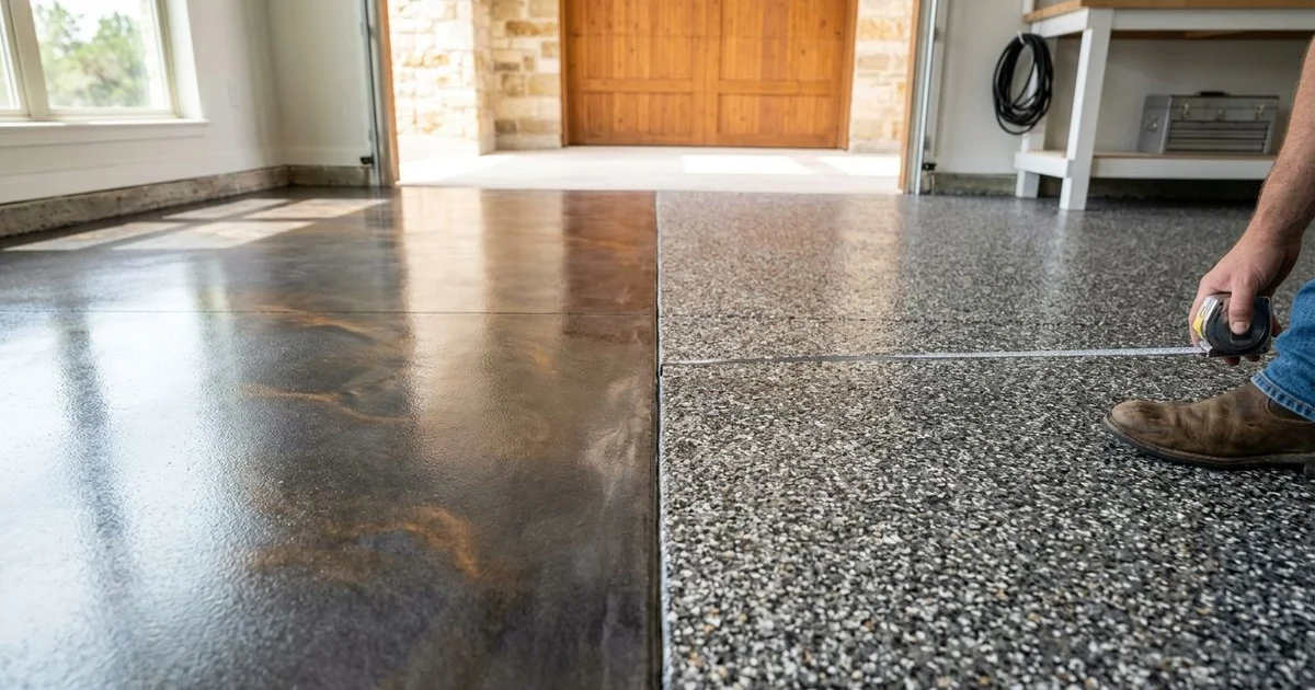 Metallic epoxy side by side with full broadcast flake epoxy
