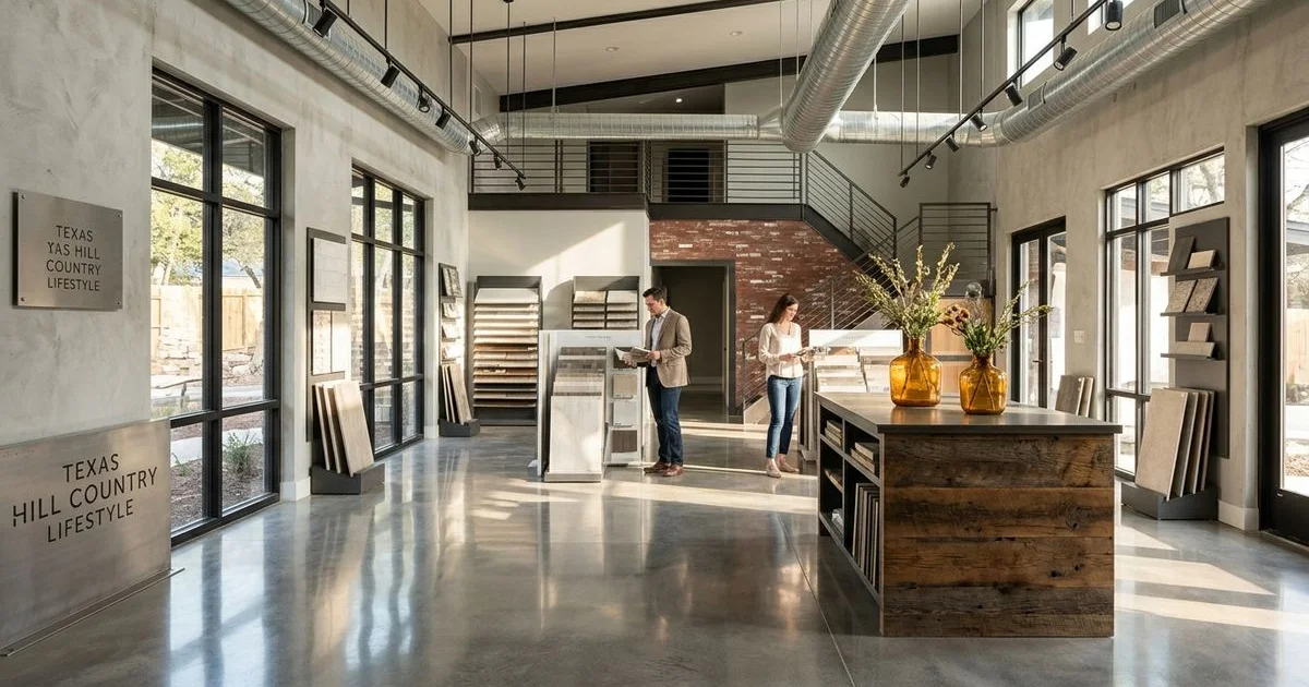 Modern Austin showroom with finished decorative concrete floor