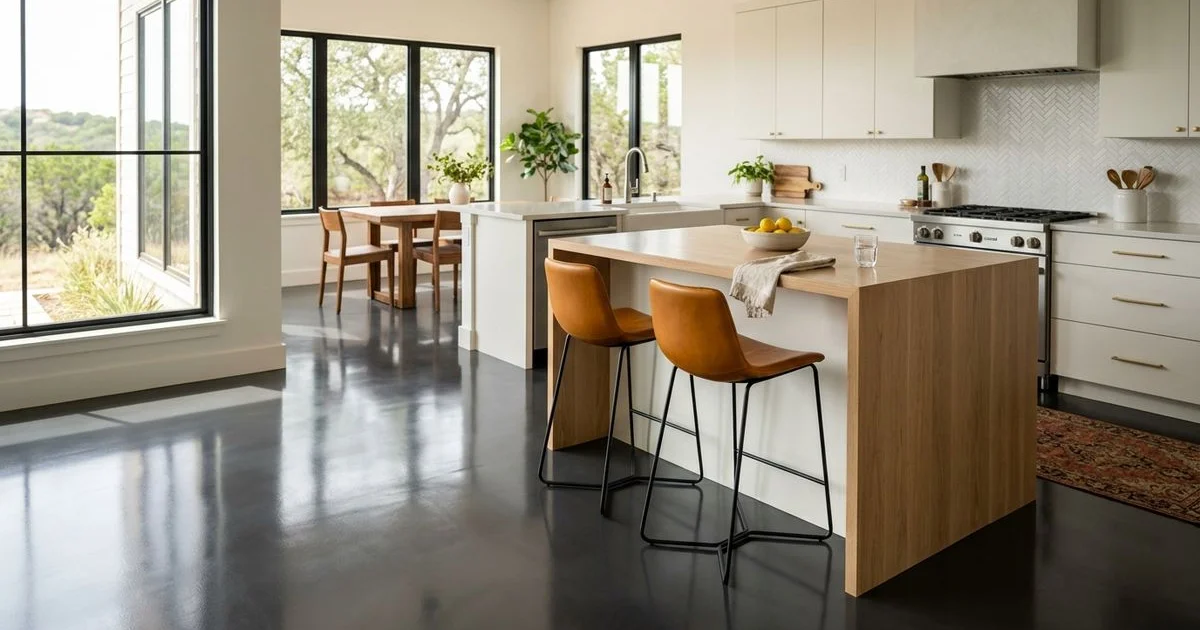 Modern interior epoxy floor in an Austin kitchen