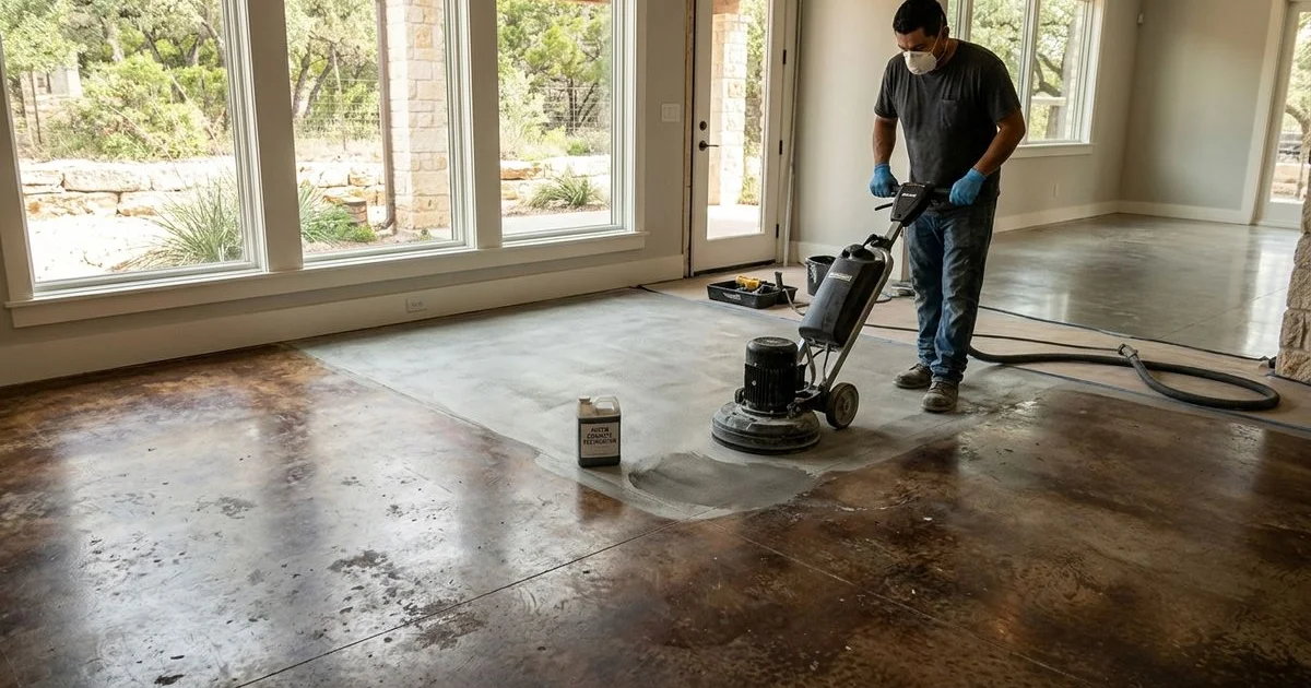 Old stained concrete being re-stained after grind and neutralize