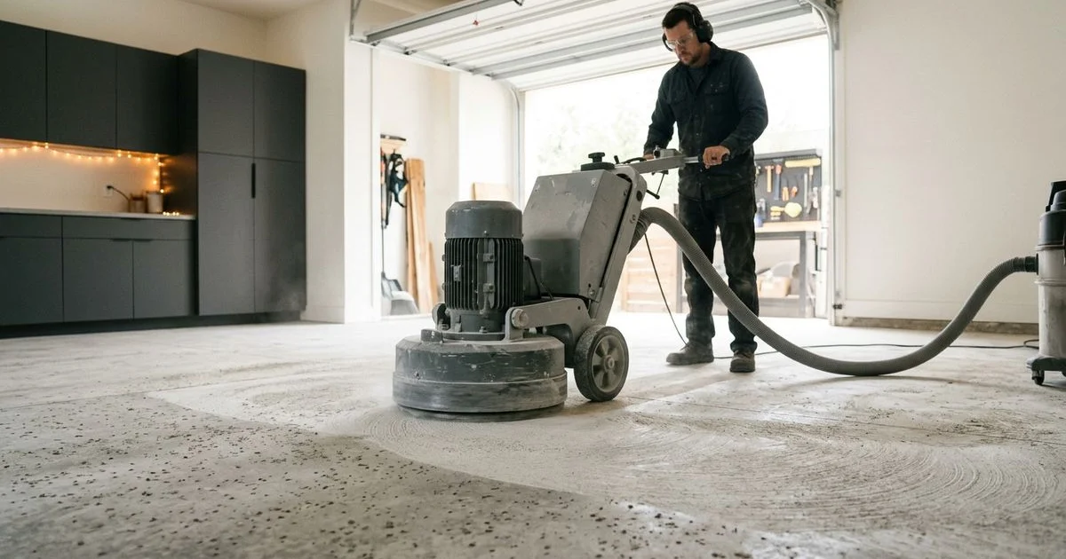 Planetary diamond grinder profiling a garage slab before epoxy install