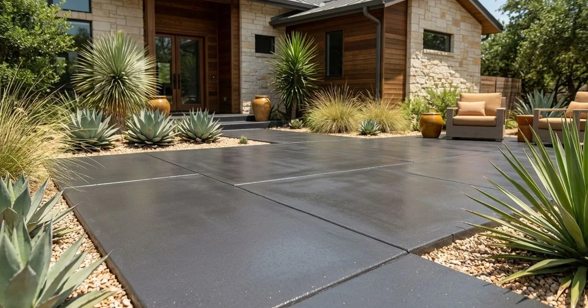 Polyaspartic-coated outdoor concrete holding rich color under Texas sun