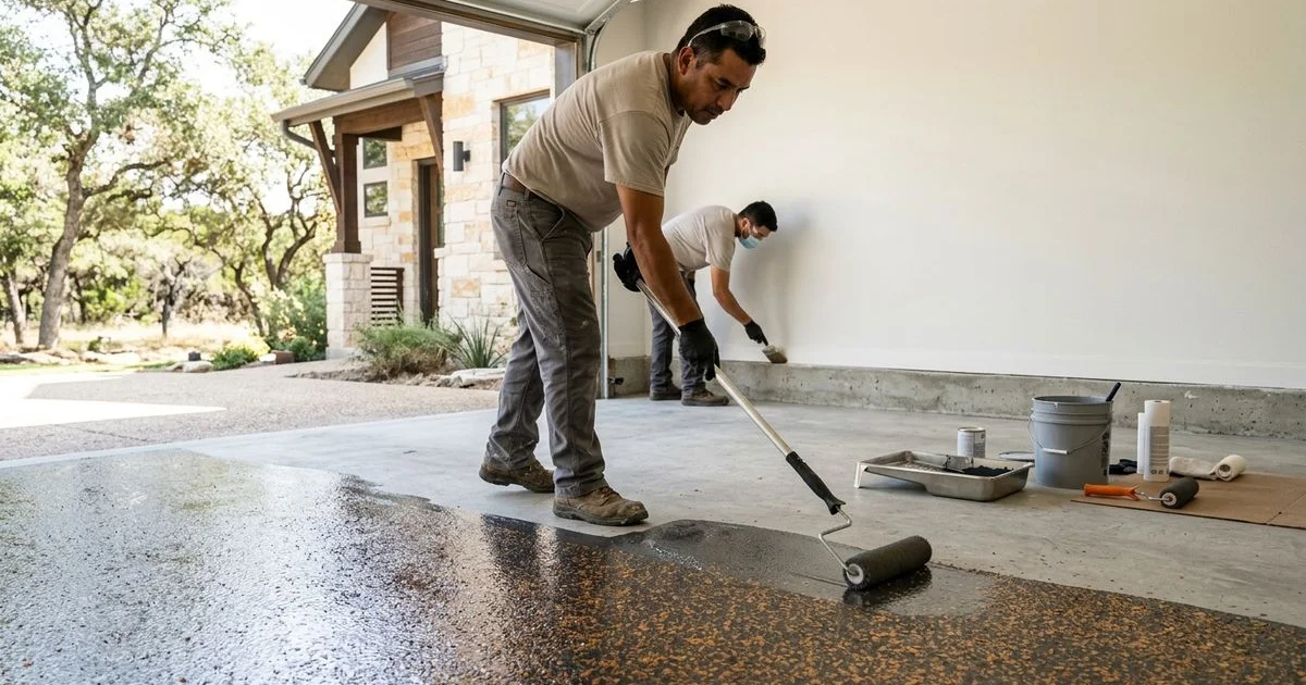 Polyaspartic being applied to a garage floor