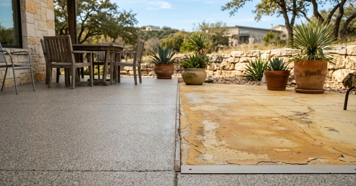 Polyaspartic patio versus yellowed epoxy after years of Texas sun