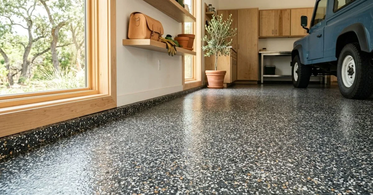 Pristine flake-epoxy garage floor in an Austin home — years after install