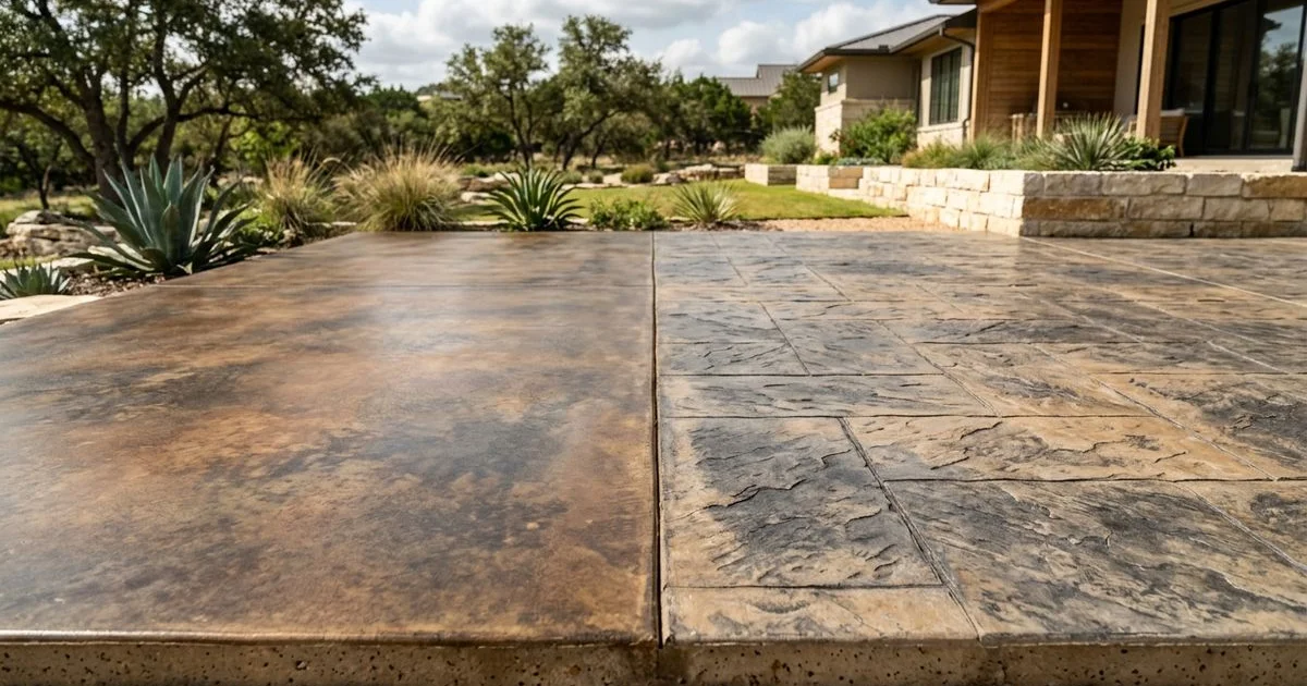 Stained versus stamped concrete patio comparison