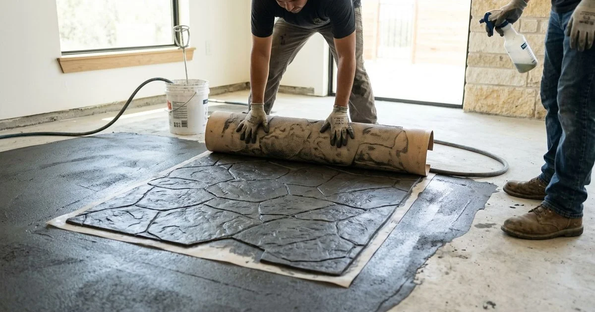 Stamp mat applied to wet overlay creating stone pattern