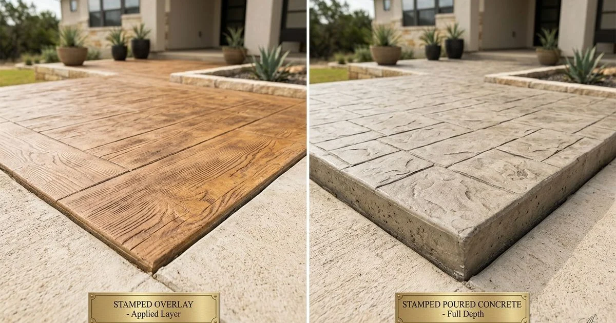 Stamped overlay vs stamped poured concrete comparison