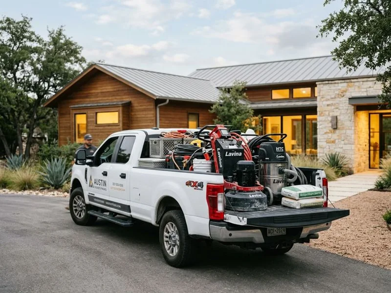 Austin Concrete Finishes service vehicle loaded with industrial equipment