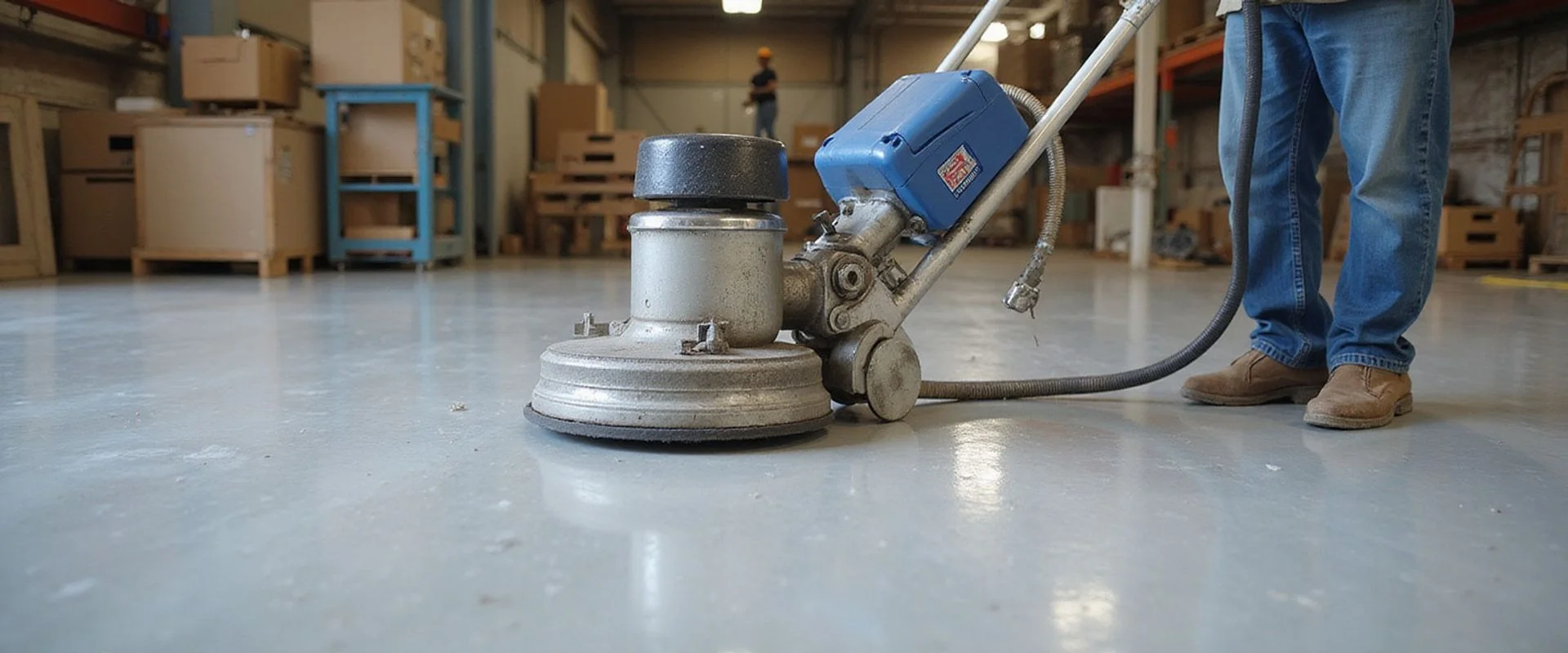 Austin Concrete Finishes crew using planetary grinder to strip failed epoxy from warehouse slab in Austin TX