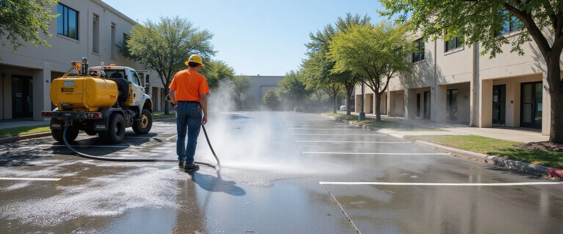 Austin Concrete Finishes crew pressure washing a multi-tenant property parking lot in Austin, TX
