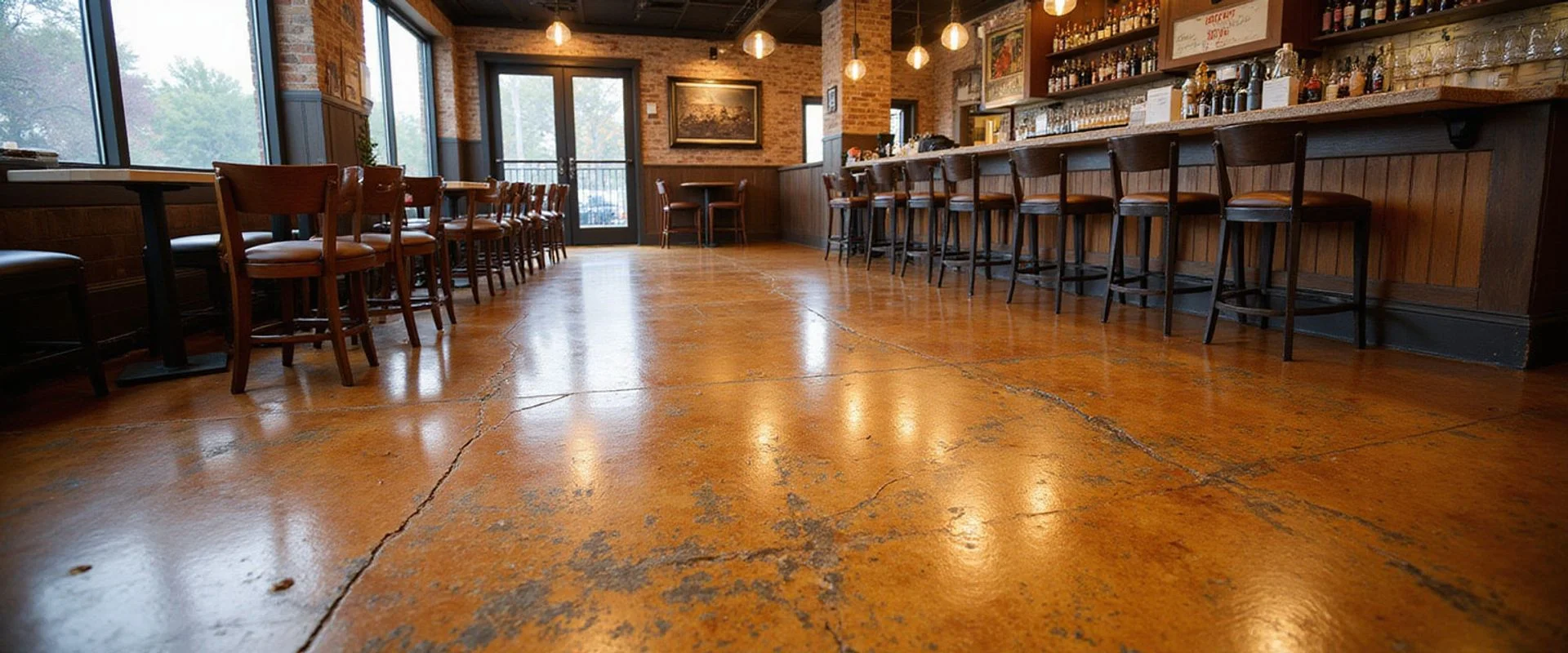 Austin Concrete Finishes acid-stained restaurant floor in Austin with rich mottled amber tones and natural color