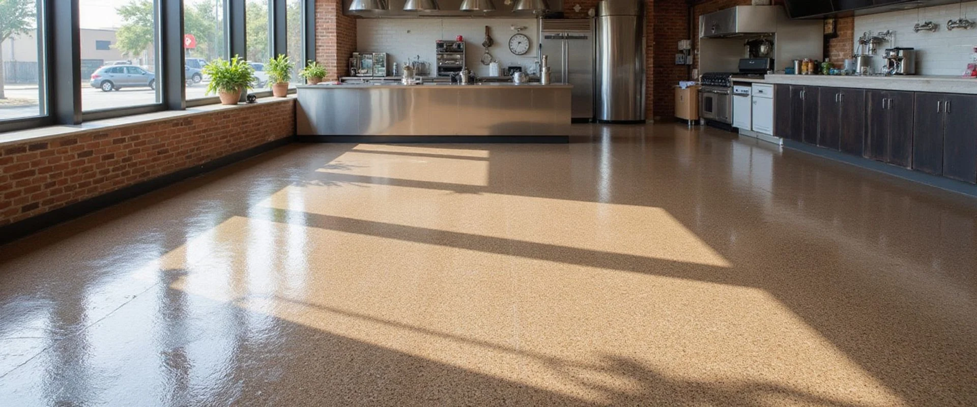 Austin Concrete Finishes commercial epoxy floor coating in a restaurant kitchen with quartz broadcast slip-resistant finish