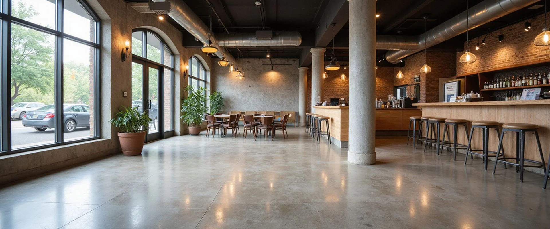 Austin Concrete Finishes commercial polished concrete floor in an Austin restaurant with high-gloss finish