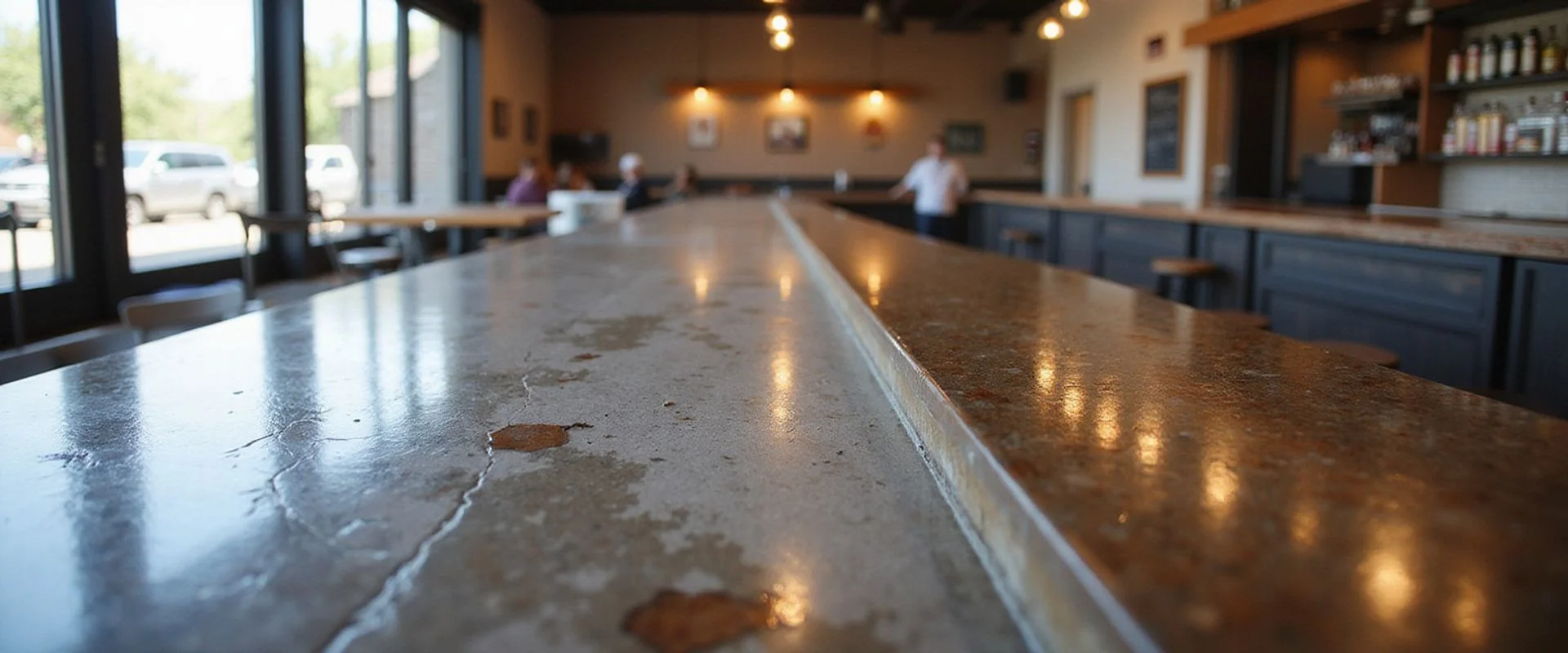 Austin Concrete Finishes commercial bar top installed in Austin TX restaurant with integrated drip rail