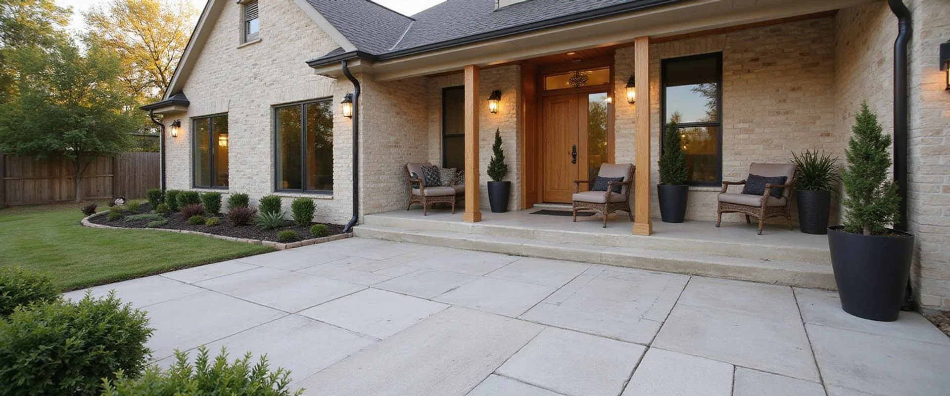Austin Concrete Finishes crew power washing and sealing a residential concrete driveway in Central Texas