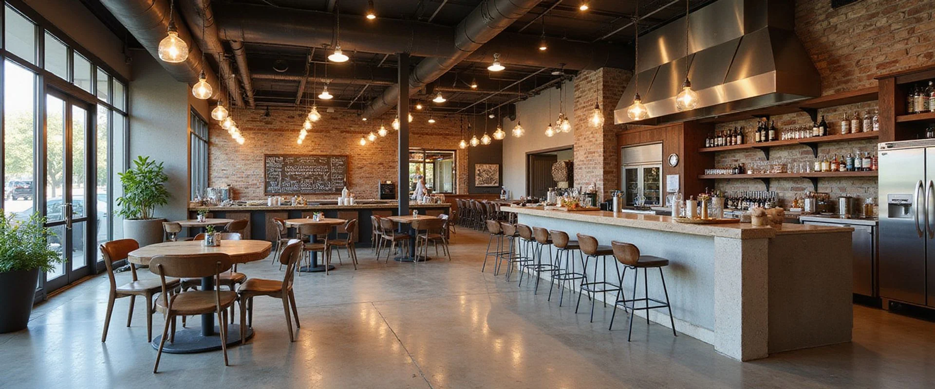 Austin Concrete Finishes polished concrete dining room and commercial kitchen epoxy floor in an Austin restaurant