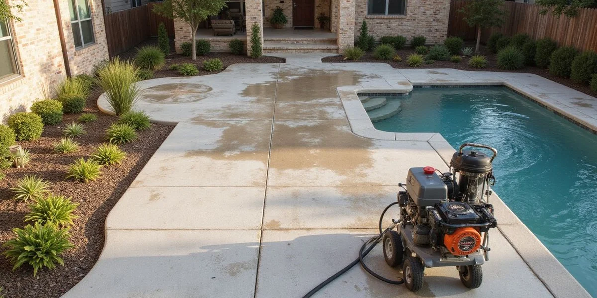 Industrial pressure washer stripping years of grime from a concrete patio at an Austin-area home