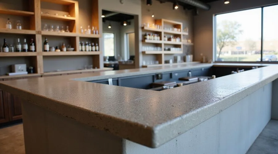 Cast-in-place concrete bar top being diamond-ground and polished on site at an Austin TX restaurant buildout