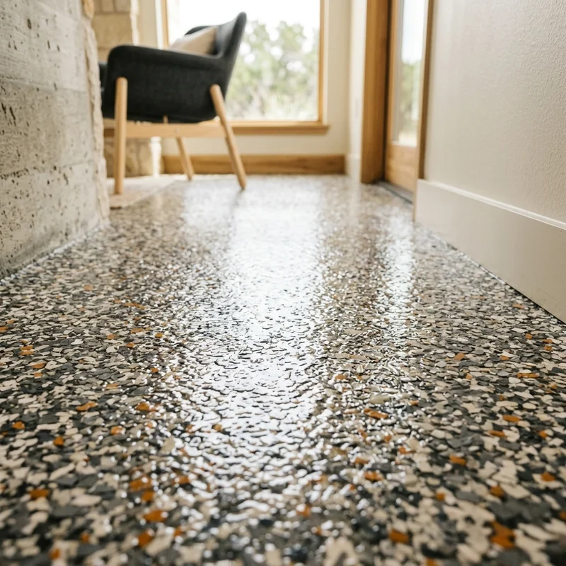 Close-up of flake broadcast chips in clear topcoat