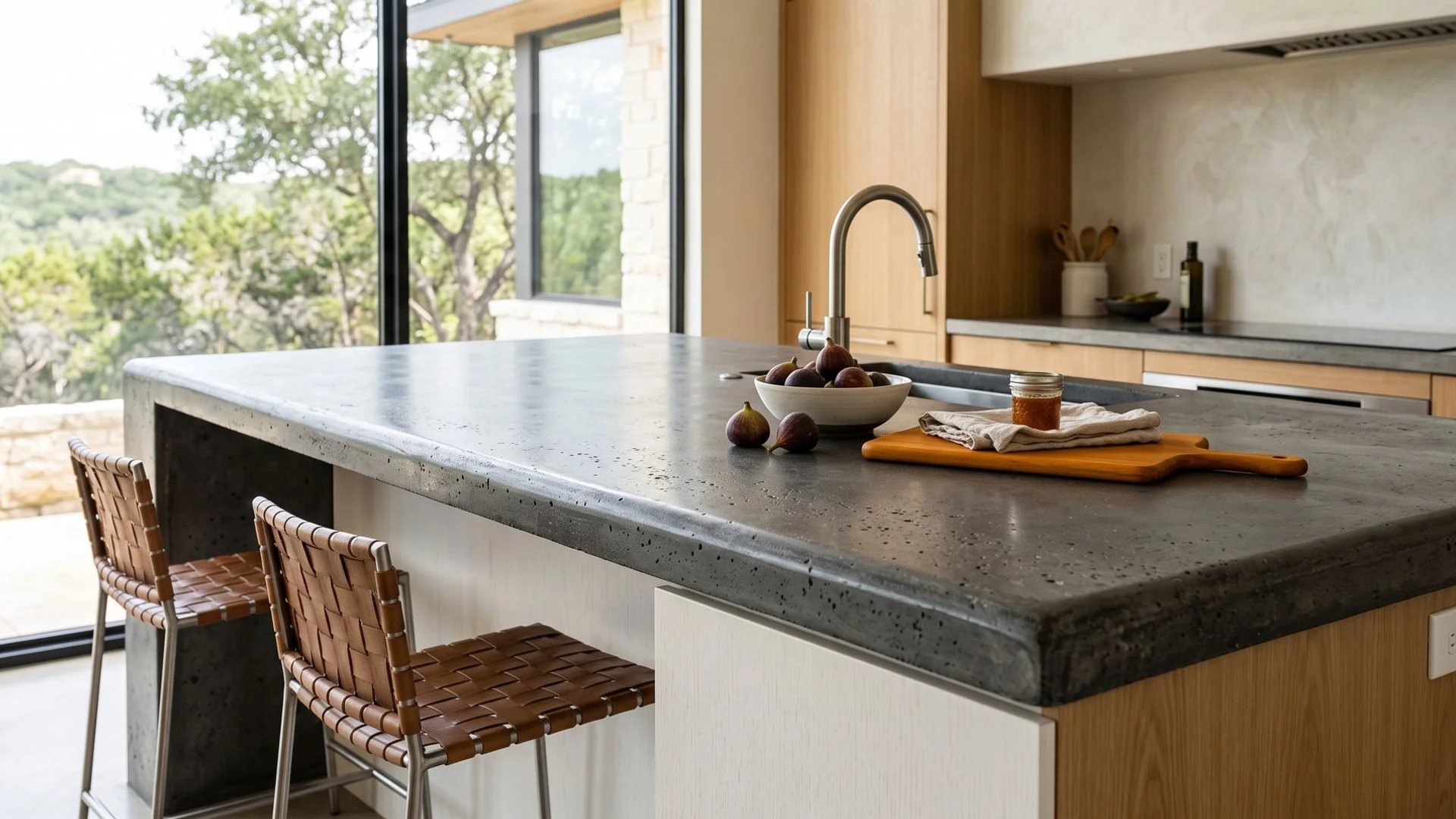 Custom concrete kitchen countertop in an upscale Westlake home