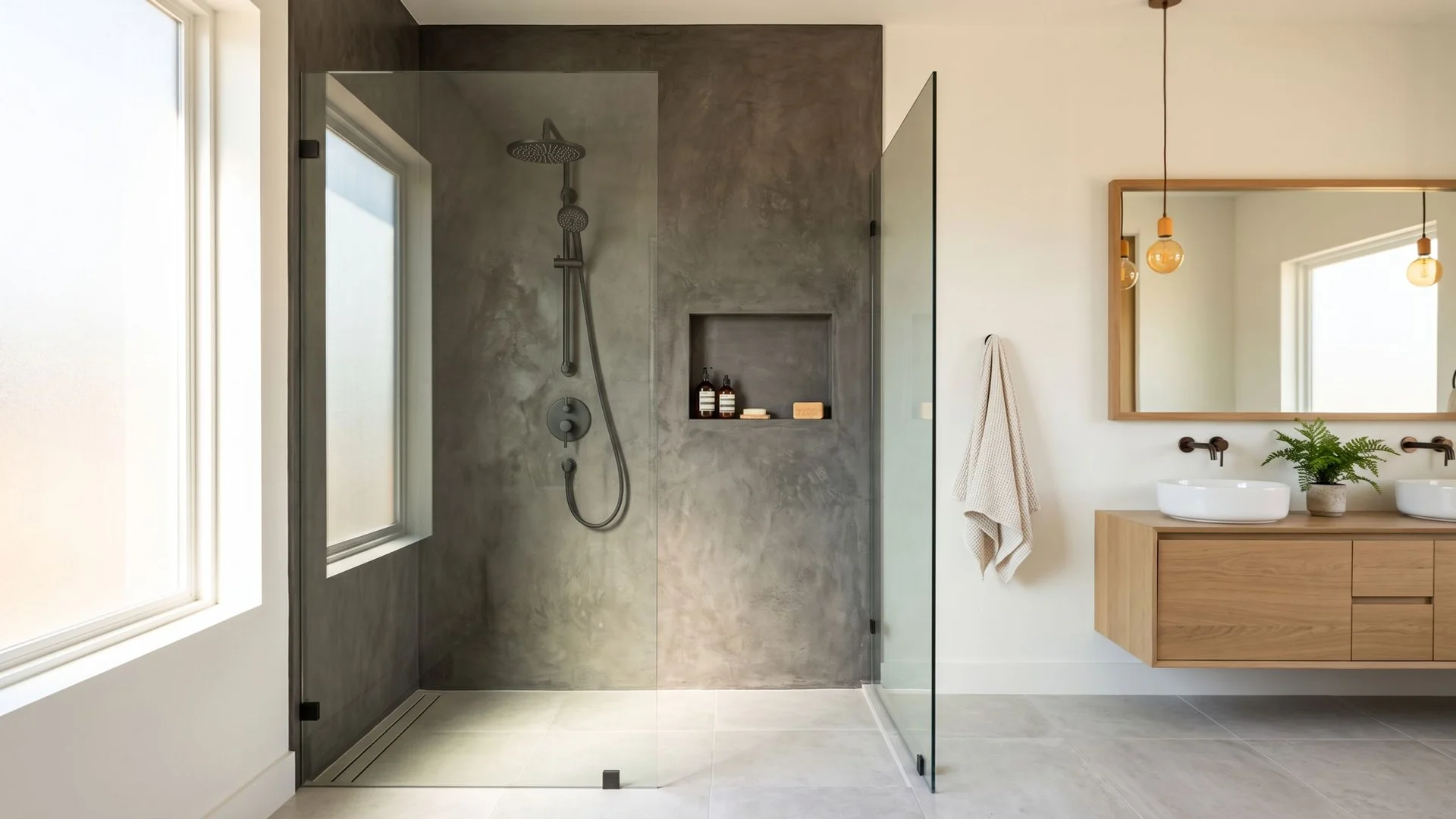 Custom concrete shower wall in a luxury Austin bathroom