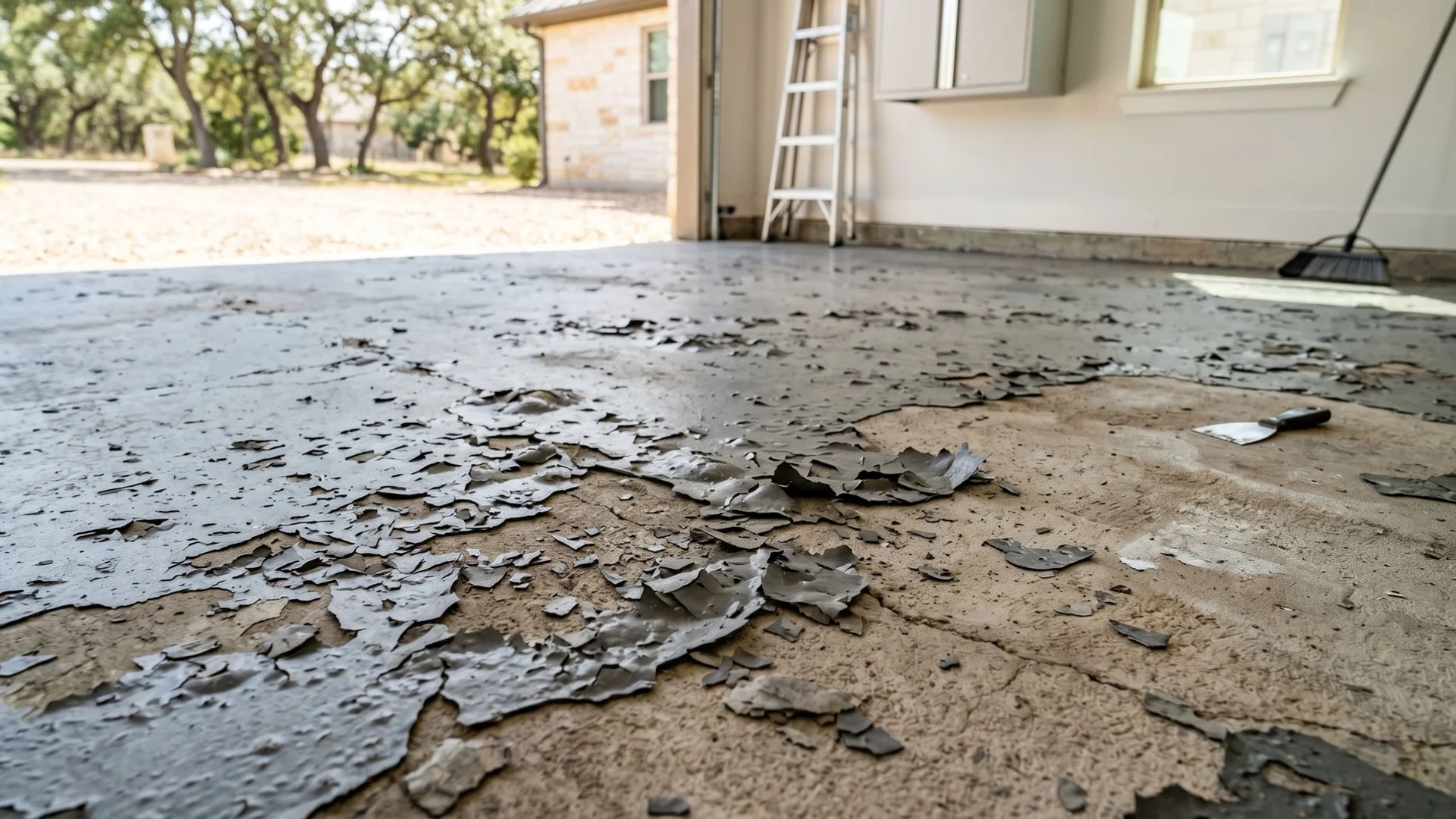 Failed peeling epoxy garage floor ready for grind-back and recoat