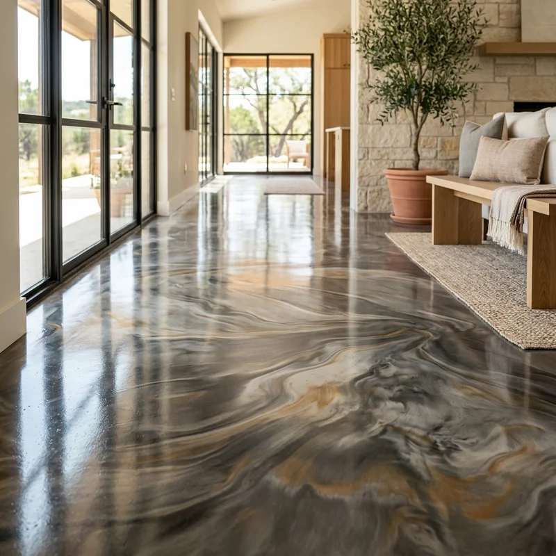 Finished metallic shop floor with UV-stable topcoat