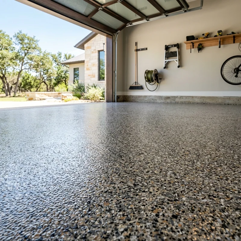 Recoated floor with full broadcast and polyaspartic topcoat