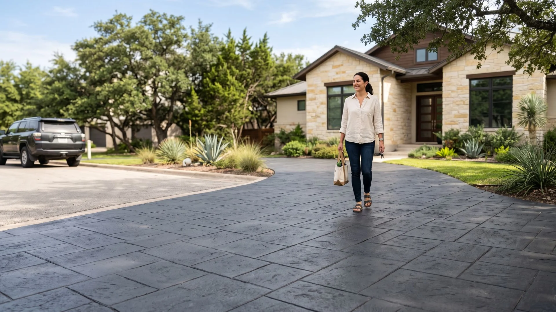 Freshly pressure-washed and color-sealed Austin driveway